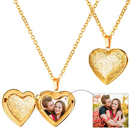 U7 Collier Femme Porte Photo Plaqué Or Jaune Pendentif Médaillon Coeur Motif Fleur avec Chaîne 50cm - Bijoux Femme Pas Cher