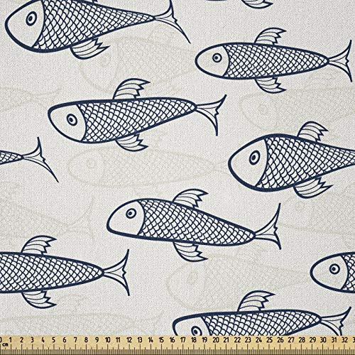 ABAKUHAUS Fisch Stoff als Meterware, Aquarium Doodle Skalen, Microfaser Multi Zweck Dekostoff für Kunsthandwerke, 3M (230x300cm), Dunkelblau Weiß