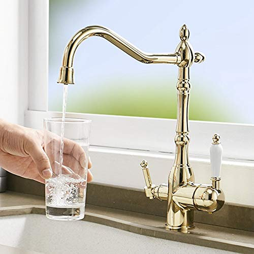 FZHLR Massives Messing Gold-Küche Reinigung 3-Wege-Hahn-Hahn-Trink Reines Wasser Wasserhahn Mit Filter Dual Griff Hot Kaltmischbatterien Dreh
