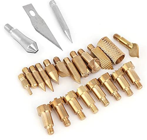Holz Brandmalerei Set, 23-teilig Holzbrennstiftspitzen Holzstifte mit Schablonen Metallbrennstiftspitzen für Lötarbeiten Skulptur und Relief