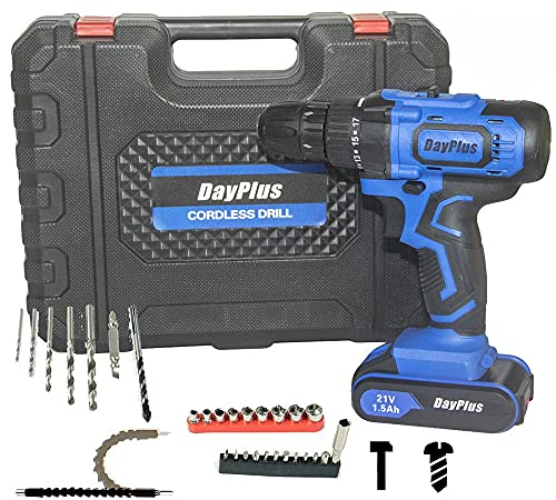 Hammer Drill Impact 21V Akku-Bohrer Combi 2 Speed 1,5AH Li-Ionen-Akku mit Hammerfunktion Eingebauter Magnet LED-Licht 18 + 1 Drehmoment mit 29-teiligem Zubehör und Aufbewahrungskoffer
