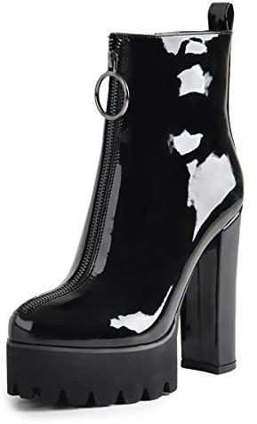 Only maker Damen Stiefeletten Plateau Kurze Stiefel Bequeme Elastische Knöchelstiefel Blockabsatz Reißverschluss Schwarz Lack 37 EU