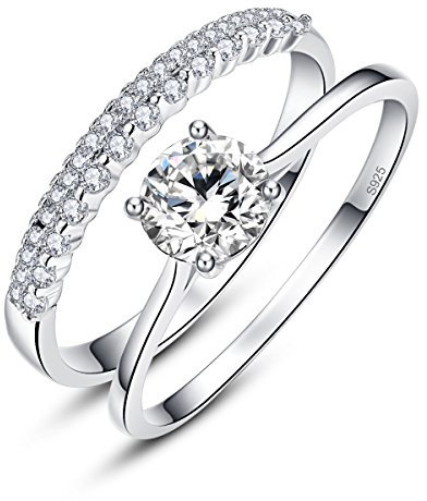 BONLAVIE 2pcs Damen Silber Rundschliff Weiß Klar Zirkonia CZ Trauringe Set Stapelbar Dünnband Größe54(17.2)