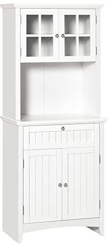 HOMCOM Kitchen Cupboard, Wooden Storage Cabinet with Framed Glass Door, Drawer, Microwave Space for Dining and Living Room, White