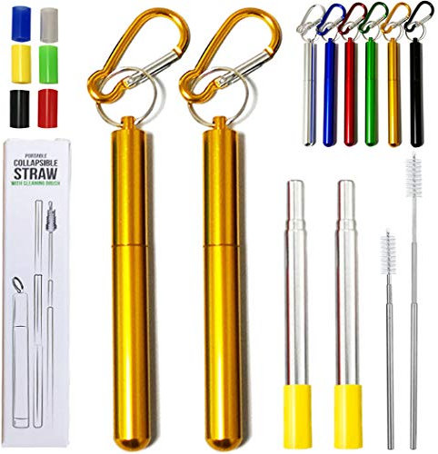 Hoshen Lot de 2 pailles télescopiques réutilisables en métal portables avec brosses et embouts en silicone avec étui Jaune