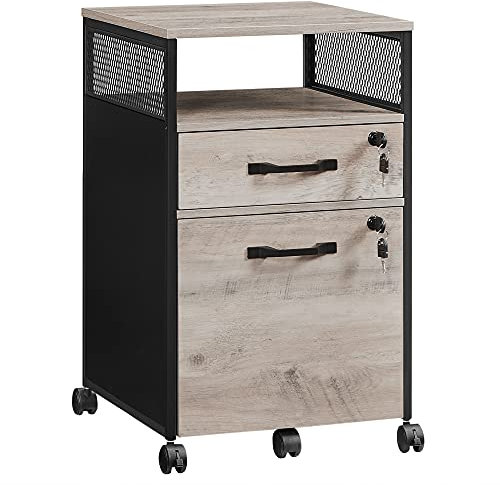VASAGLE Rollcontainer, Aktenschrank mit 2 Schubladen, mobiler Büroschrank mit Rädern, offenes Fach, Hängeregistratur, Stahlgestell, Industrie-Design, greige meliert-tintenschwarz OFC077B02
