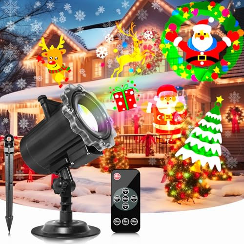 Segotendy Projektor Weihnachten Aussen, Weihnachtsdeko, LED Schneeflocken Projektionslampe mit 64 Cartoons, Wasserdichte Projektor Lichter mit Fernbedienung für Weihnachtsbeleuchtung Silvester Deko