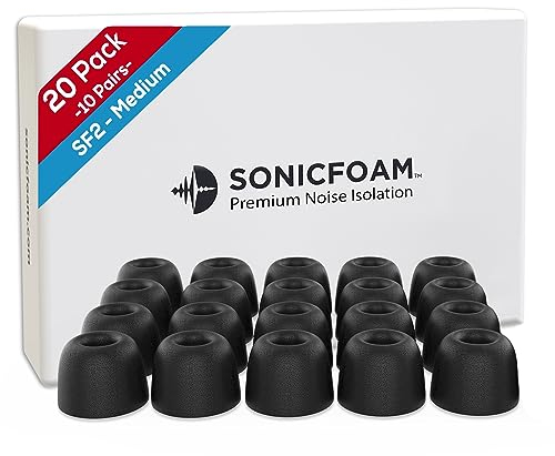 SONICFOAM Memory Foam Earbud Tips - Premium Noise Isolation, Replacement Foam Earphone Tips, 20 Pack for in Ear Headphone Earbuds (SF2 Medium, Black)
