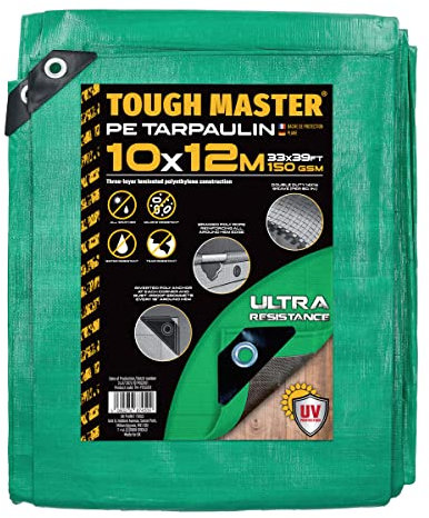 TOUGH MASTER 7 Sizes Heavy Duty Tarpaulin Waterproof Cover Tarp Ground Sheet (Green/Grey, 10 X 12M)