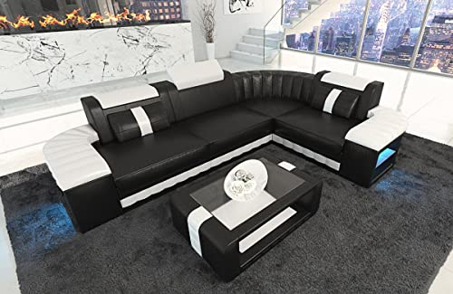 Sofa Bergamo Leder L Form Ecksofa Ledersofa mit Beleuchtung Couch mit Kopfstützen (Ecke rechts, Schwarz-Weiß)