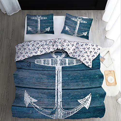 WQIZXCW Bettwäsche 135x200 2er Set, Anker Wendebettwäsche - 110gsm Weiche Microfaser, Maritim Bettbezug mit Reißverschluss und 1 Kissenbezug 80x80 cm