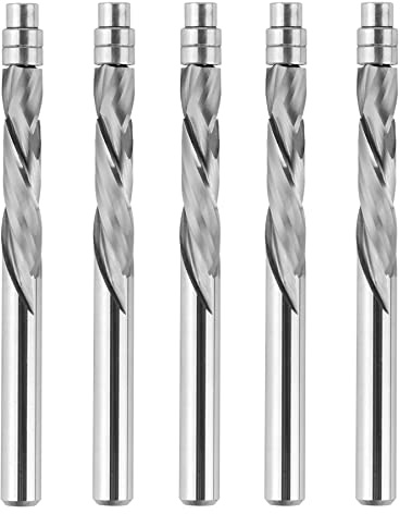 SpeTool 5PCS Spiral Flush Trim Router Bits with Guide Bearing 1/4 Shank,1-1/8 Cutting Diameter Extra Long 3 OVL, Carbide Compression Router Bit for Wood Trimming