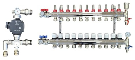 Wärmer System 11 Port Brass Underfloor Heating Manifold with A Rated UPM3 Auto Flex Pump,Blending Mixing Valve,16mm Pipe Connection and Ball Valves with Gauges for Water Underfloor Heating System