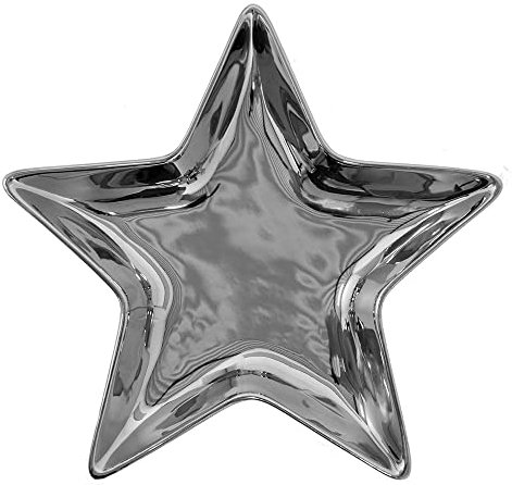 Clayre & Eef Dekoration Schale Stern 16x16 cm Silberfarbig Keramik Kerzentablett