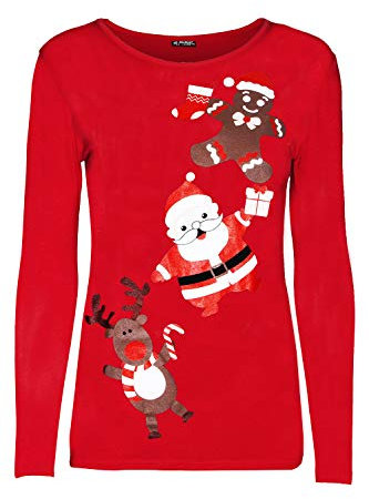Fashion Star Womens Xmas Pullover Long Sleeve Basic Christmas Printed Casual T Shirt Gingerbread Hat Red S/M (UK 8/10)