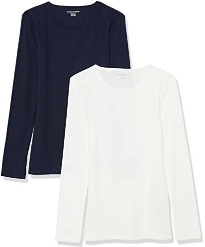 Amazon Essentials Women's Slim-Fit Long Sleeve Rib Knit Crew Neck Top (Available in Plus Size), Pack of 2, Navy/White, XXL
