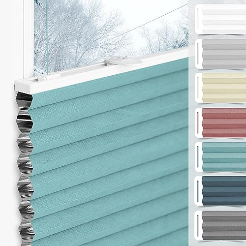 bobodeco Wabenplissee Plissee ohne Bohren Verdunkelung Klemmfix Thermo Verdunklungsplissee, Hellblau-Weiß 90x120 cm(BxH), 100% Verdunkelnd & Sicht- & Schallschutz, Wärmeisolierung für Fenster & Tür