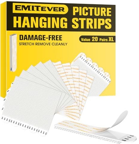 Emitever Picture Hanging Strips Extra Strong - Heavy Duty Adhesive Wall Hooks, No Nails Damage-Free Hanging, 20 Pairs (40 Strips) 100mm x 20mm White - for Frames, Signs & Home Decor (XL)