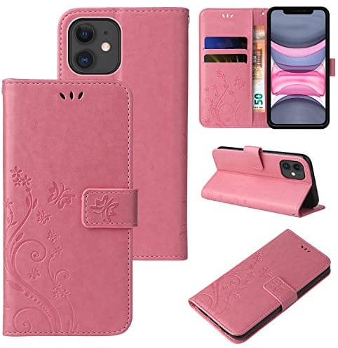 LBH Handy Hülle für Apple iPhone 11 Case Handytasche Schmetterling Blumen Flower Standfunktion Schutzhülle Magnet Rundum Schutz 360 Grad Flipcase Cover Rosegold