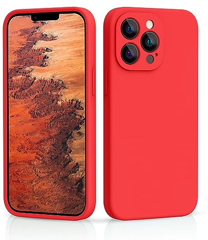 CALOOP Slim-Fit for iPhone 13 Pro Max Case,Sturdy Shockproof Hard Frame Cover with Anti-Scratch Microfiber Lining,Skin Soft Liquid Silicone,Full Protection for Screen and Camera Lens(Red)