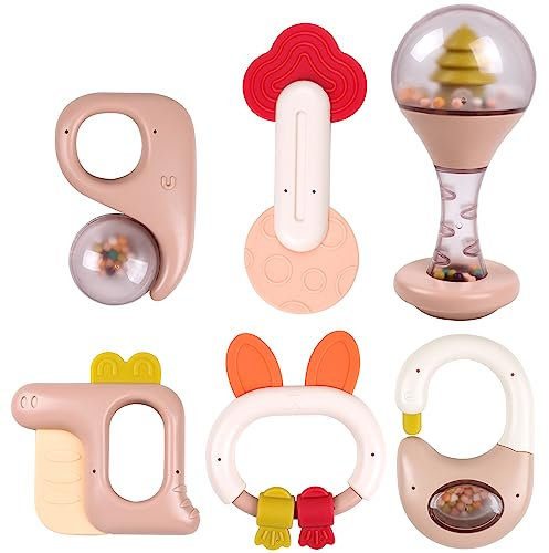 Sonaglio in Silicone per Neonato,Set di Massaggia Gengive 6 Pezzi, Senza BPA Giocattoli Dentizione Regalo per Bambini Neonati 3 6 9 12 Mesi, Multicolore