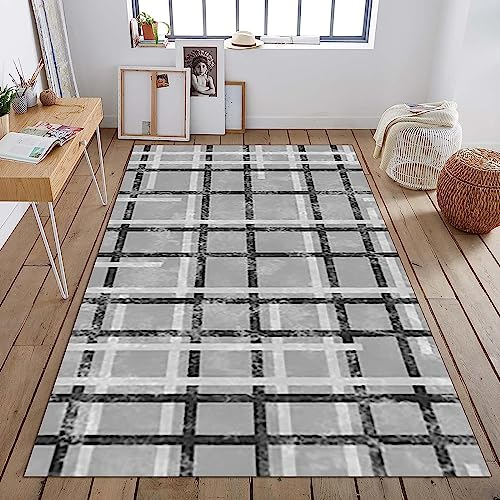 Kind Teppich 80 X 160 cm, Schlafzimmer Teppich, 3D Teppiche Wohnzimmer Teppiche Weich rutschfest Teppich Für Wohnzimmer Schlafzimmer Bettvorleger Schwarz-Weiß Karierte Streifen