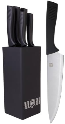 MasterChef Juego de Cuchillos de Cocina con Soporte Taco Universal con Set para Pan, Cebollero, Chef, Carne y Pelar, en Acero Inoxidable, 5 Piezas, Negro, Stainless Steel, Tacto Suave