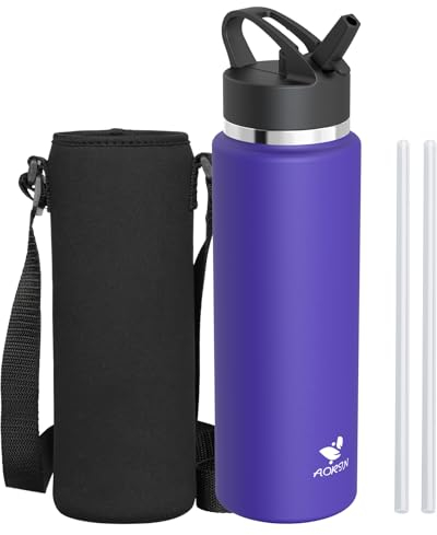AORIN Gourde Isotherme – 1L – Bouteille d'eau Isotherme avec Paille – Bouteilles Metal Étanche Large Bouche pour Garder Chaudes et Froides – Gourde sans BPA pour Gym, Sport, Voyages
