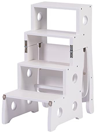 Ladder and Chair Combination for Library, Fold Up 4 Step Ladder Chair Wooden Ladders Stool Indoor Climb Ladder Steps Bookshelf Plant Stand, (White Colour)