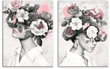 Leinwandbilder Set Ana 2x 32x42 cm (AUFHÄNGFERTIG) - Frau mit Blumenkopf – Hochformat Wandbild für Wohnzimmer und Schlafzimmer – Abstraktes Bouquet in Rosa und Grau