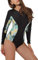 ECUPPER Womens Long Sleeve One Piece Rash Guard Zip Front Swimsuit Printed Wetsuit Athletic Surfing Swimwear Built in Bra Black-2 M