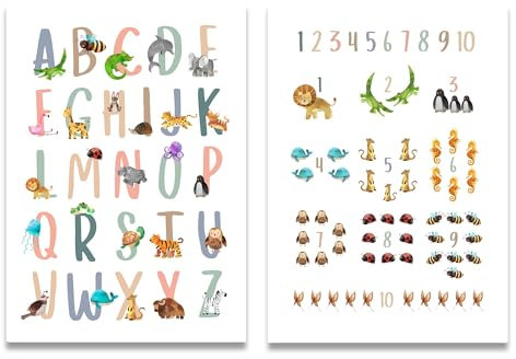 Rabano Art 2er Set Kinderzimmer Lernposter DIN A3 Tier-ABC & Tier-Zahlen | Spielend Lesen & Zahlen lernen | Bilder Kinderzimmer, Kinderzimmer Deko, Wandbilder, Deko Bilder, Boho Dekoration für Kinder