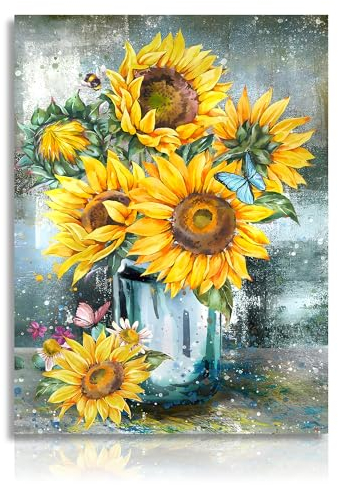 NymphFable Poster Decorazione Murale Girasole d'epoca Fiore in Vaso, Poster Murale Botanico Rustico per Camera da Letto Soggiorno Decor 16x16 in Senza Cornice
