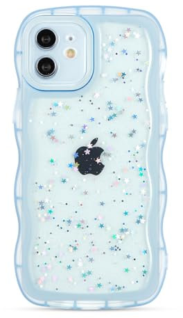 ZTOFERA Wavy Case for iPhone 12 (6.1), Cute Girls Clear Curly Wave Frame Shape Bling Sparkle Star Glitters Soft TPU Back Cover Protective Phone Case Lightweight Shockproof Bumper Cover, Blue