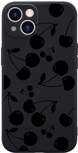 Wihytec Cherry Black Phone Case for iPhone 11 Black Cherry Case Cover Green Liquid Silicone Soft Gel Rubber Anti-Scratch Durable Girly Women Matte Phone Case Microfiber Lining