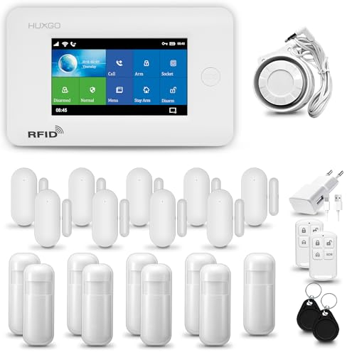 HUXGO® HXA006 Alarmanlage fürs Haus WiFi + GSM Set mit Sirene | Funk Alarmanlage Wohnung mit App. TUYA |Alarm System mit 9X Bewegungssensor, 9X Fensteralarm/Türsensoren | Smart Home