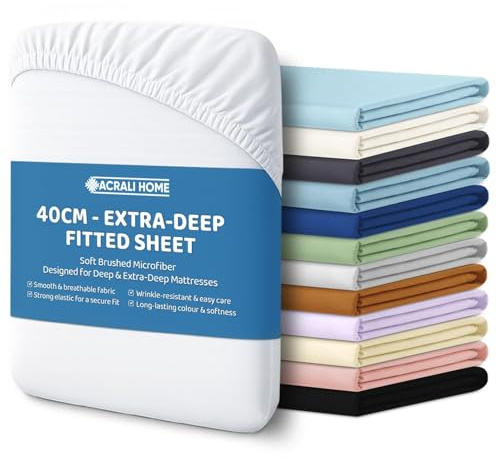 Acrali Home Premium Microfiber Super King Fitted Sheet 40cm Extra Deep Fit Pocket - Breathable, Soft & Easy Care, White Bed Sheet - Wrinkle Free & Fade Resistant (200x180cm)