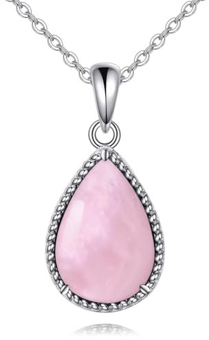 VONALA Rose Quartz Necklace 925 Sterling Silver Teardrop Pendant Rose Quartz Stone Necklace Jewellery Gifts for Women