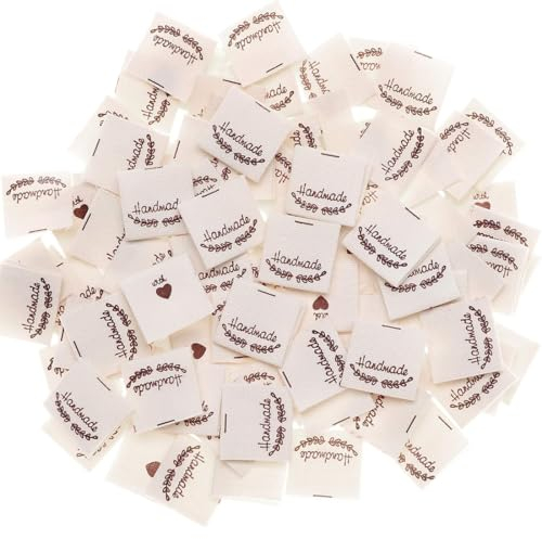 WeddHuis 100 pcs Handmade Stoffetiketten Handmade Label zum Annähen Stoffetiketten Textiletiketten für Klediung Handarbeit Etiketten Tags zum nähen für DIY Klediung Näharbeit