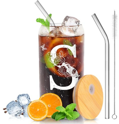 Personalized Gifts-for Women,Stylish A-Z Initial with Name, Gift for Birthday, Valentine's Day,Christmas,Teacher's Day for Mom Girlfriends Teachers,Coffee Smoothie Beer Glass with Lid Straw (S)