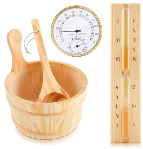 4 Pcs Sauna Accessories Set Include Wooden Sauna Bucket (With Plastic Liner) with Ladle 2 in 1 Thermometer Hygrometer Hourglass Timer Kit for Steam Room Bathroom, 4L (1 Gallon) Water Capacity
