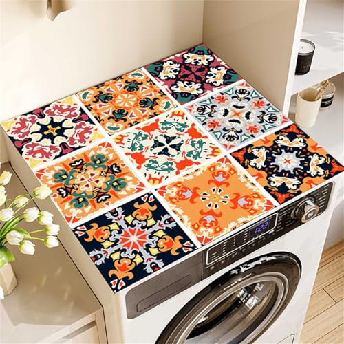 Highdi Washer and Dryer Top Protector, Mandala Washer and Dryer Top Mat Absorbent Quick Dry Silicone Mat, Anti Slip Dust Proof Washing Machine Mat for Laundry Room Home (Orange,60x60cm)