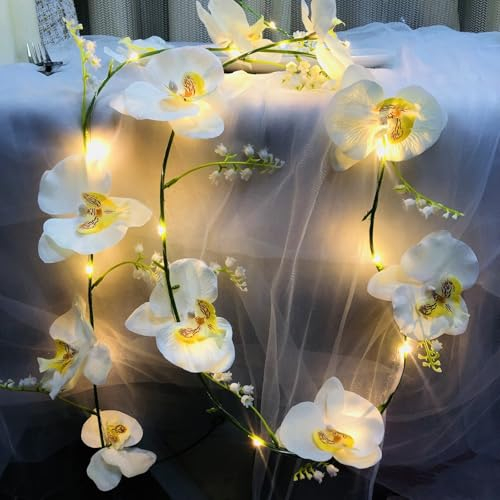 Künstliche Orchideengirlande mit 20 LEDs Lichterkette Batteriebetrieben 2 m Schmetterlingsorchideenranke Künstliche Blumengirlande Lichterkette für Schlafzimmer,Tischdekoration (Weiß Orchidee)