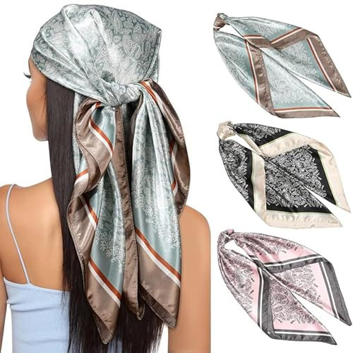 Generisch Kopftuch für Frauen, 3 Stück Großes Quadratisches Satin-Kopftuch Halstuch Satin-Kopftücher Seidengefühl Haarbandana Schal Boho-Kopfwickel Kopfbedeckung（Mehrfarbig-H）