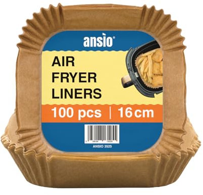 ANSIO Air Fryer Paper Liners – 100 PCS Square Disposable Liners, 16cm x 16cm x 4.5cm Inner Fit for COSORI, Ninja, Tower Air Fryers – Pack of 100