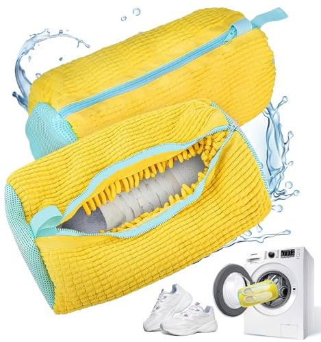 Schuhwaschbeutel Waschmaschine 2Stück, Wiederverwendbarer Reißverschluss Plüsch Schuhe Waschbeutel für Waschmaschine, Rundum-Reinigung Wäschenetz Schuhe für Alle Sneaker Schuharten (Gelb）