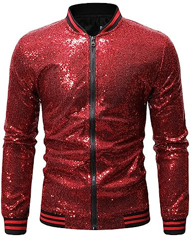 DUHENWU Veste à paillettes métallisées pour homme avec fermeture éclair - Veste bomber de baseball pour le carnaval des années 70 - Disco métallisé brillant - Costume classique - Coupe ajustée - Veste