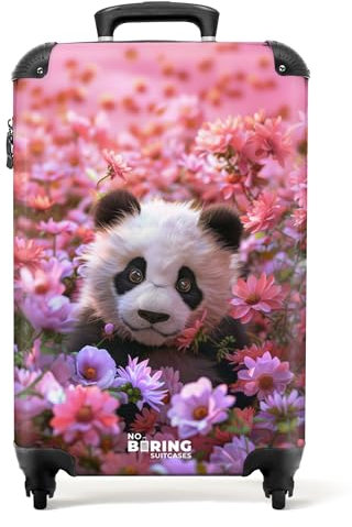 NoBoringSuitcases.com Kinderkoffer Mädchen, Hartschalenkoffer, Kinder Reisekoffer, Koffer Rosa, Handgepäck Koffer, Rollkoffer, Handgepäck Trolley 55x40x20 cm (Junger Panda, Blumen - Rosa)