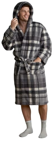 OHS Teddy Fleece Dressing Gown Womens Men Tartan Check Plush Soft Hooded Bathrobe Cosy Loungewear Robe