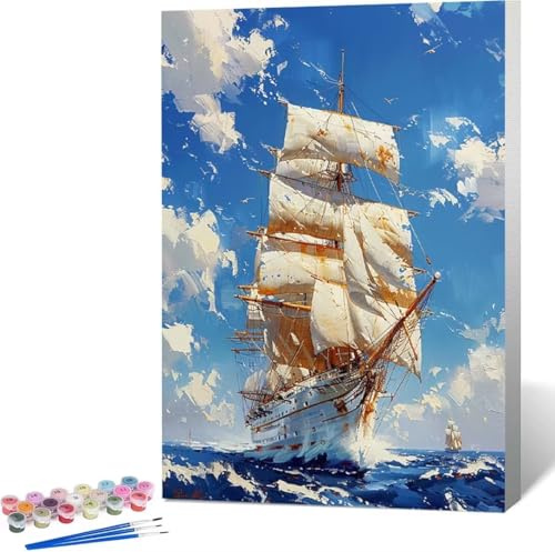 Malen Nach Zahlen Erwachsene Meer Malen Nach Zahlen mit Rahmen Malen Nach Zahlen Klein 30x40 cm Paint by Numbers Adult mit Pinseln und Acrylfarben Bastelset Geschenke und Home Haus Deko (Boot) N-0
